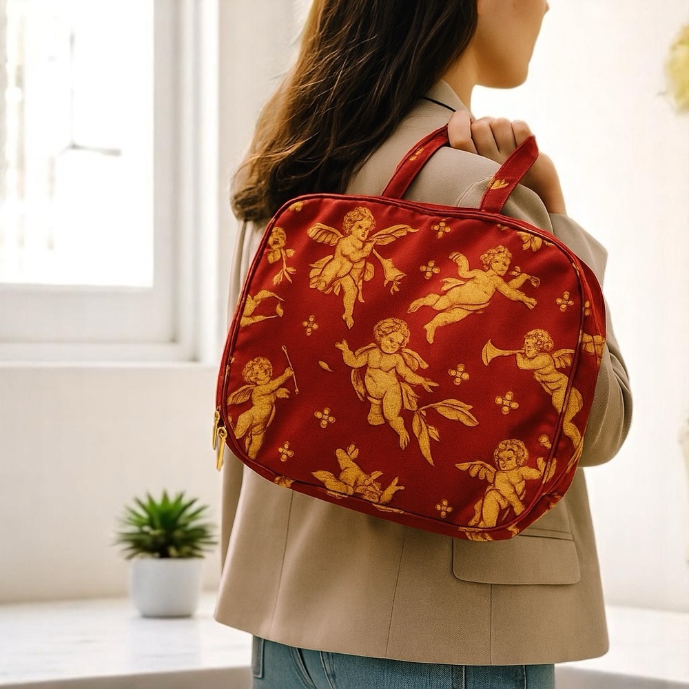 Vintage Cherub Tapestry Print Shoulder Bag Baroque Red Gold y2K Zip Tote